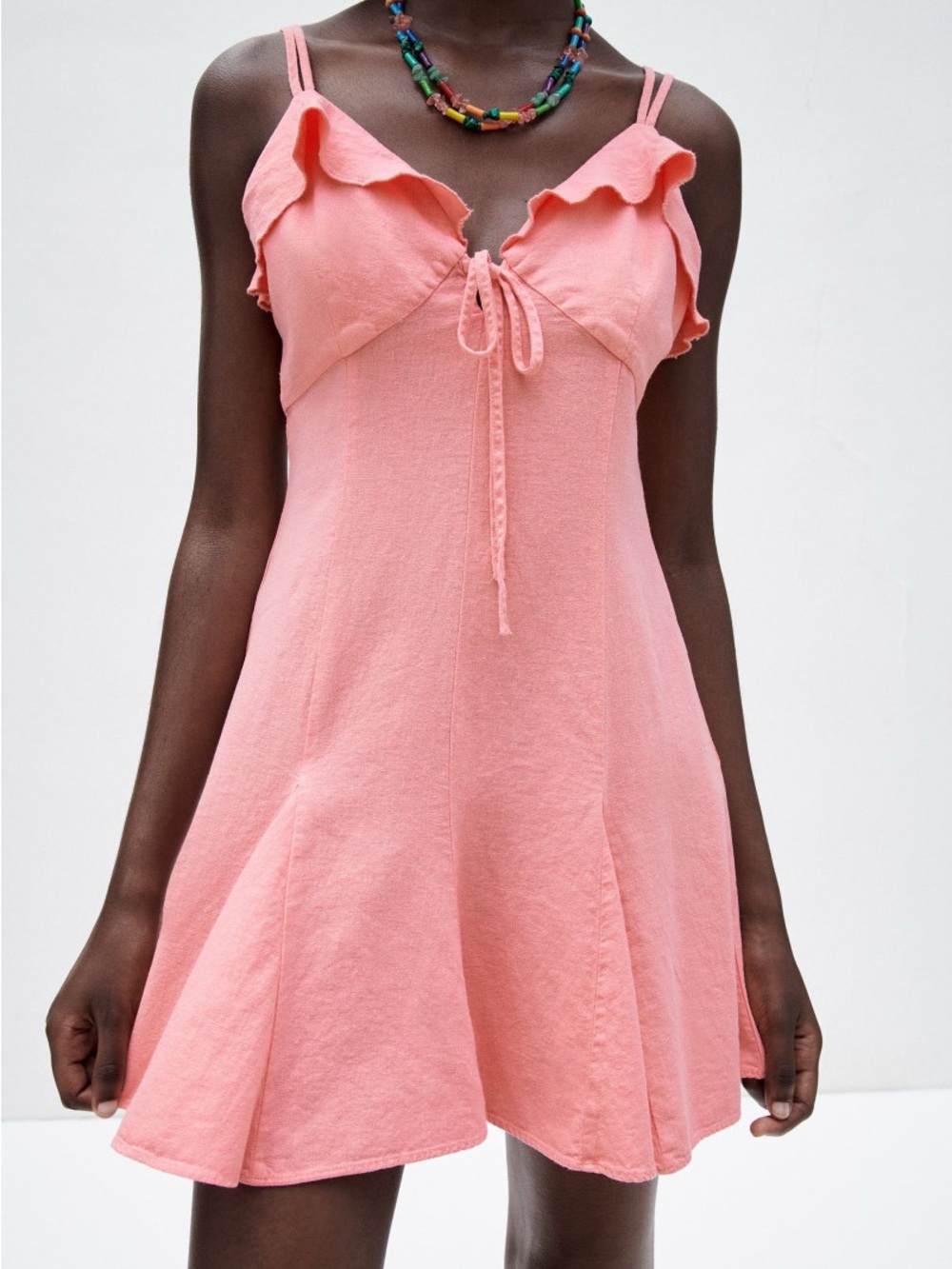 ZARA NWT Coral Pink Linen Blend Ruffle Strappy Mini Dress Size S
